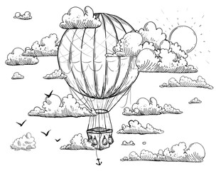 Hand drawn sketch black and white coloring page of vintage air balloon, clouds, sky. Vector illustration. Engraved style.