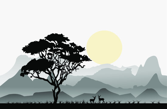 Africa forest. Silhouette acacia tree and deer at night on layers mountain background illustration vector.