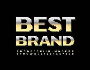 Vector marketing badge Best Brand. Gold Metallic Font. Isometric set of Alphabet Letters and Numbers