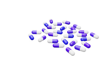 3d illustration pill capsule, blue white, on white background, 3d rendering, pills, vitamins, in the body, healthy