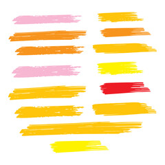 Yellow Watercolor Freehand. Red Brushstroke Handwritten. Brushes Isolated. Ink Splatter. Paintbrush Graffiti. Paint Square. Grungy Splatter. Art Chinese. Set Distress.