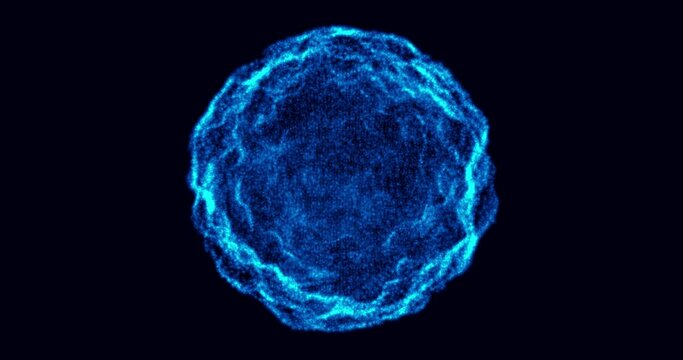 An abstract blue shining sphere with the image of a virus or celestial body. Repeatable footage.
