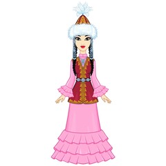 Asian beauty. Animation portrait of a beautiful girl in ancient national cap and jewelry. Full growth. Central Asia. Vector illustration isolated on a white background. 