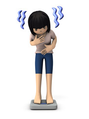 恐る恐る体重計をのぞき込む若い女性。白バック。3Dレンダリング。