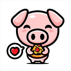 Vector design of cute half animal pig character eating pizza