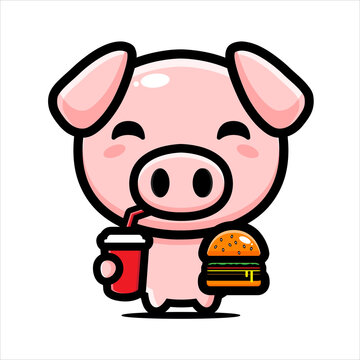 vector design of cute pig animal character holding food and drink