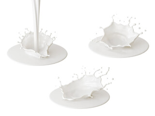 Set of milk splash and pouring, 3d rendering.