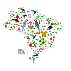 Brazil illustrated flat map vector, South America geographic cartoon banner template with animals, flowers, symbols, traditional food, Brazilian carnival, design for travel posters isolated on white