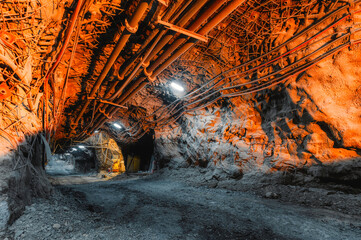 Tunnel of the mining of an underground mine. Lots of pipelines on the ceiling and rail track for trolleys - obrazy, fototapety, plakaty