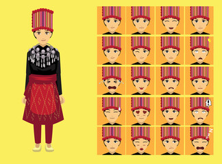 Manga Style Myanmar Kachin Woman Clothes Cartoon Character Emotion