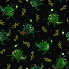 Obraz premium green monster fish with on black background seamless pattern