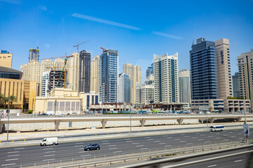 Sheikh Zayed Road on sunny day. Dubai, UAE