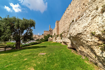Fototapeta na wymiar Surrounding wall and Tower of David in Jerusalem, Israel.