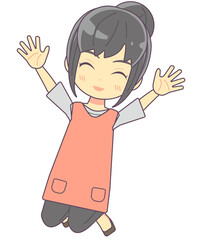 ジャンプして喜ぶエプロン姿の女性のイラスト素材