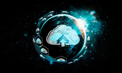 Cloud computing technology and online data storage in innovative perception . Cloud server data storage for global business network concept. Internet server service connection for cloud data transfer.