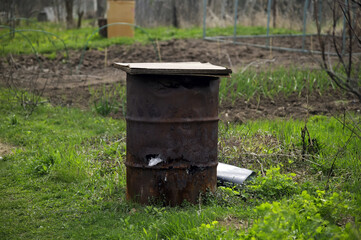 Fototapeta premium old iron barrel in the garden