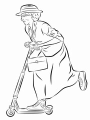 Obraz premium illustration of a grandmother on a scooter, vector drawing