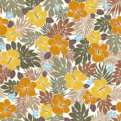 Rolgordijnen Beautiful tropical flower and plant seamless pattern, © daicokuebisu