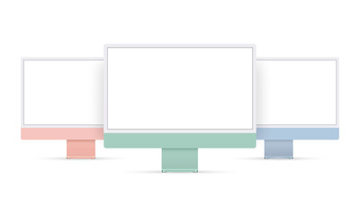 Set of Desktop PC's Isolated on White Background, Pink, Green and Blue Mockup. Vector Illustration - obrazy, fototapety, plakaty