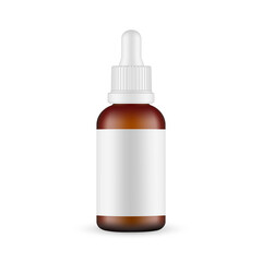Plastic Frosted Amber Dropper Bottle Mockup with Blank Label, Isolated on White Background. Vector Illustration