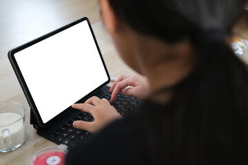 Mock up Copy Space Blank Screen workspace with computer laptop on table.