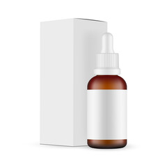 Plastic Frosted Amber Dropper Bottle Mockup with Blank Label, Paper Box Side View, Isolated on White Background. Vector Illustration