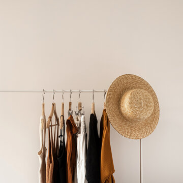 Aesthetic minimalist fashion influencer blog concept. Summer female dress, tops, t-shirts, straw hat on clothing rack on white wall. Fashion women clothes