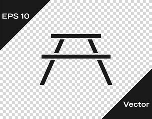 Black Picnic table with benches on either side of the table icon isolated on transparent background. Vector Illustration