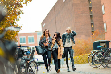 Three young women walking together trough city.  Joke and fun.