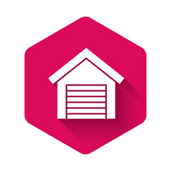 White Garage icon isolated with long shadow. Pink hexagon button. Vector