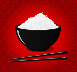 Black rice bowl and chopsticks icon on red black background Chinese, Japanese, Catoon style food for restaurant