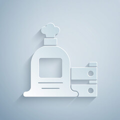 Paper cut Full sack and wooden box icon isolated on grey background. Paper art style. Vector