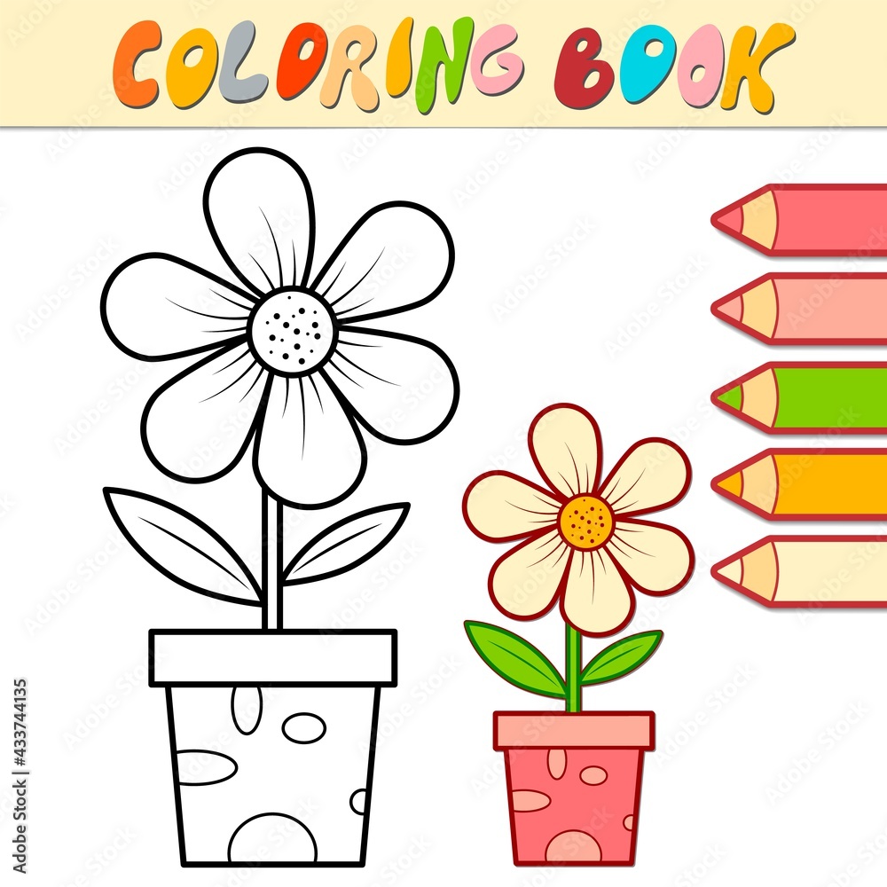 Wall mural Coloring book or page for kids. potted flower black and white vector