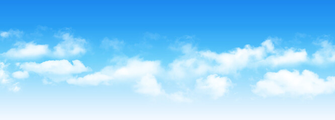 Sunny day background, blue sky with white cumulus clouds, natural summer or spring background with perfect hot day weather, vector illustration.