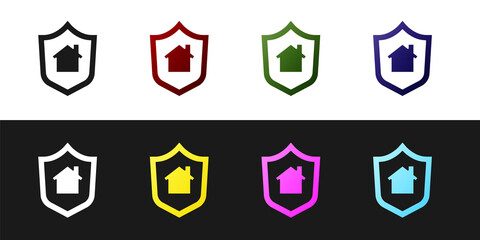 Set House with shield icon isolated on black and white background. Insurance concept. Security, safety, protection, protect concept. Vector.
