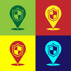 Pop art Location shield icon isolated on color background. Insurance concept. Guard sign. Security, safety, protection, privacy concept. Vector.
