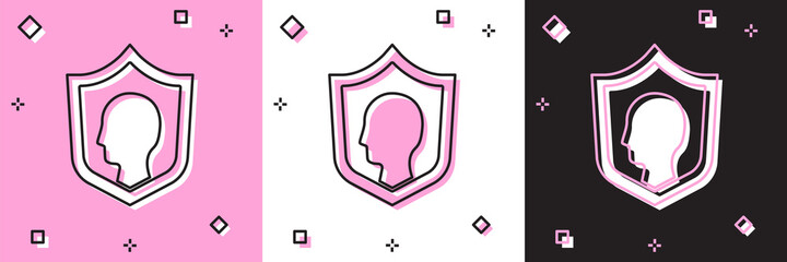 Set Life insurance with shield icon isolated on pink and white, black background. Security, safety, protection, protect concept. Vector.