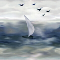 Seamless pattern, seascape, sea, sailboat, seagulls. Digital drawing, imitation of watercolors.