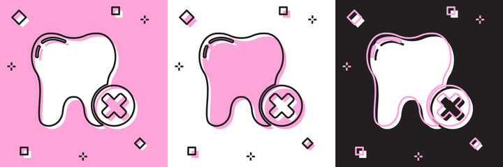 Set Tooth with caries icon isolated on pink and white, black background. Tooth decay. Vector