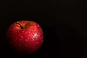 Fresh ripe red apple with water drops on glossy peel on black background