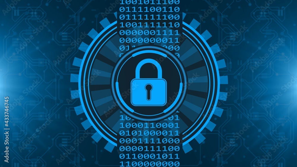 Poster secure technology concept - padlock binary code hud - graphic elements in blue on blurred background