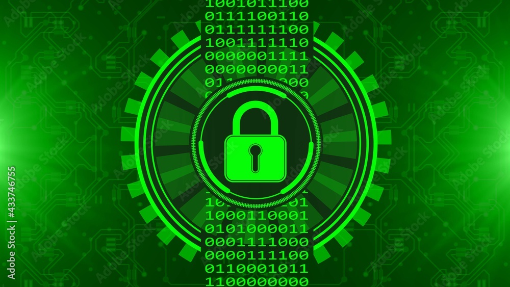 Poster secure technology concept - padlock binary code hud - graphic elements in green on blurred backgroun