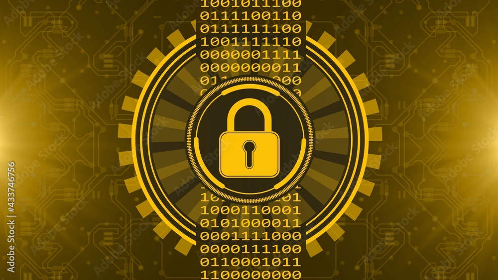 Poster secure technology concept - padlock binary code hud - graphic elements in orange on blurred backgrou