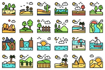 Obraz premium Landscape filled icon set 4 vector illustration