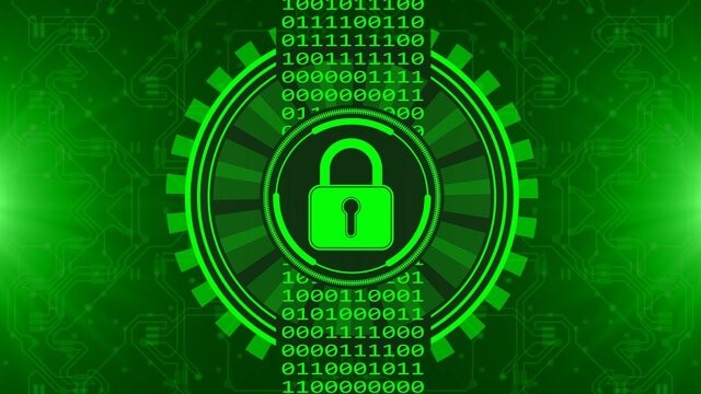 Secure technology concept - padlock binary code hud - graphic elements in green on blurred background as circuit board - 3D Illustration