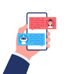 Chatbot concept. Woman chatting with chat bot on smartphone. Vector illustration.