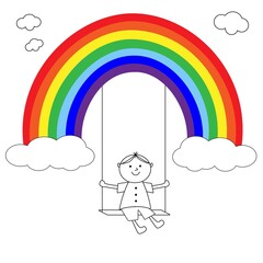 A boy on a swing on a rainbow. Hand-drawn cartoon illustration. Children's Day.