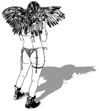 Rear View of a Woman with Wings Drawing - Black and White Illustration Isolated on White Background, Vector