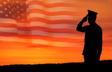 USA army soldier with nation flag. Greeting card for Veterans Day , Memorial Day, Independence Day . America celebration.