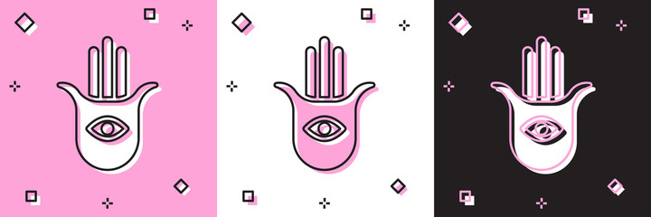 Set Hamsa hand icon isolated on pink and white, black background. Hand of Fatima - amulet, symbol of protection from devil eye. Vector
